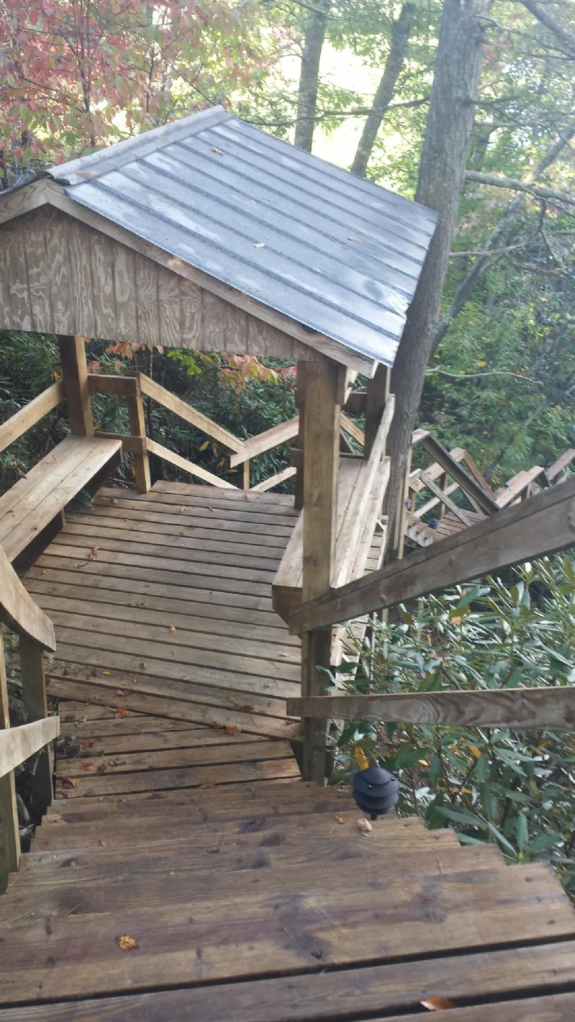 Metal roofed shelter over wooden steps on a wooded walkway — Skylight Repair & Installation work by our crew in Pacific Beach